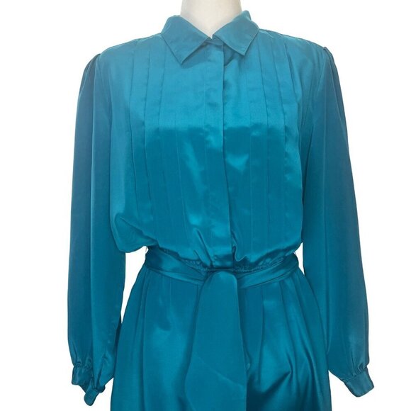 Vintage 80s 90s Hana Sung Belted Midi Dress Blue Long Sleeve Size MED Designer - Picture 4 of 8